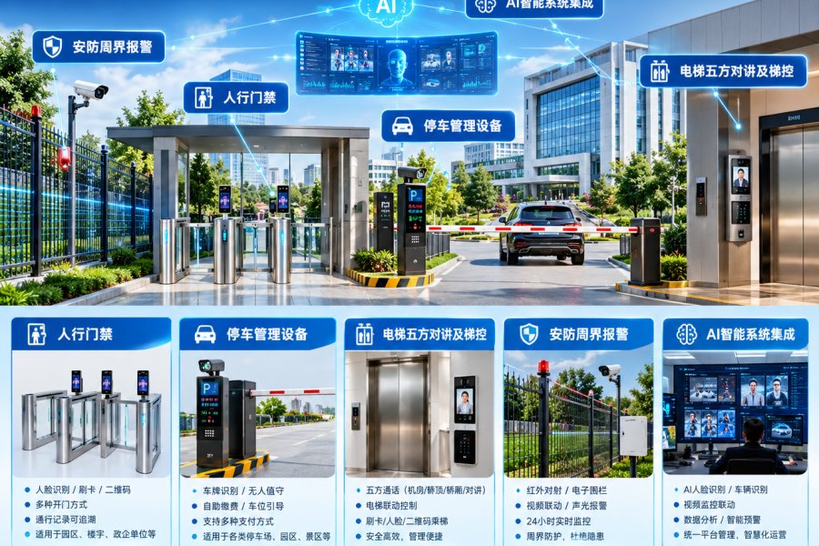 人行门禁、停车管理、梯控及五方对讲、周界报警、AI数智系统集成